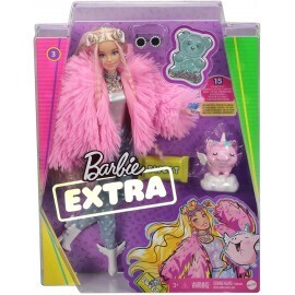 Mattel Barbie Extra Doll In Pink Fluffy Coat With Unicorn Pig Toy GRN28