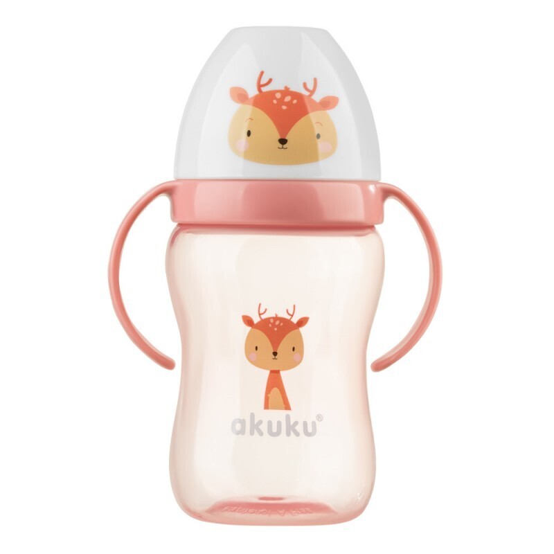 Akuku Deer Εκπαιδευτικό Μπιμπερό Πλαστικό με Λαβές Ροζ 240ml (A0221)